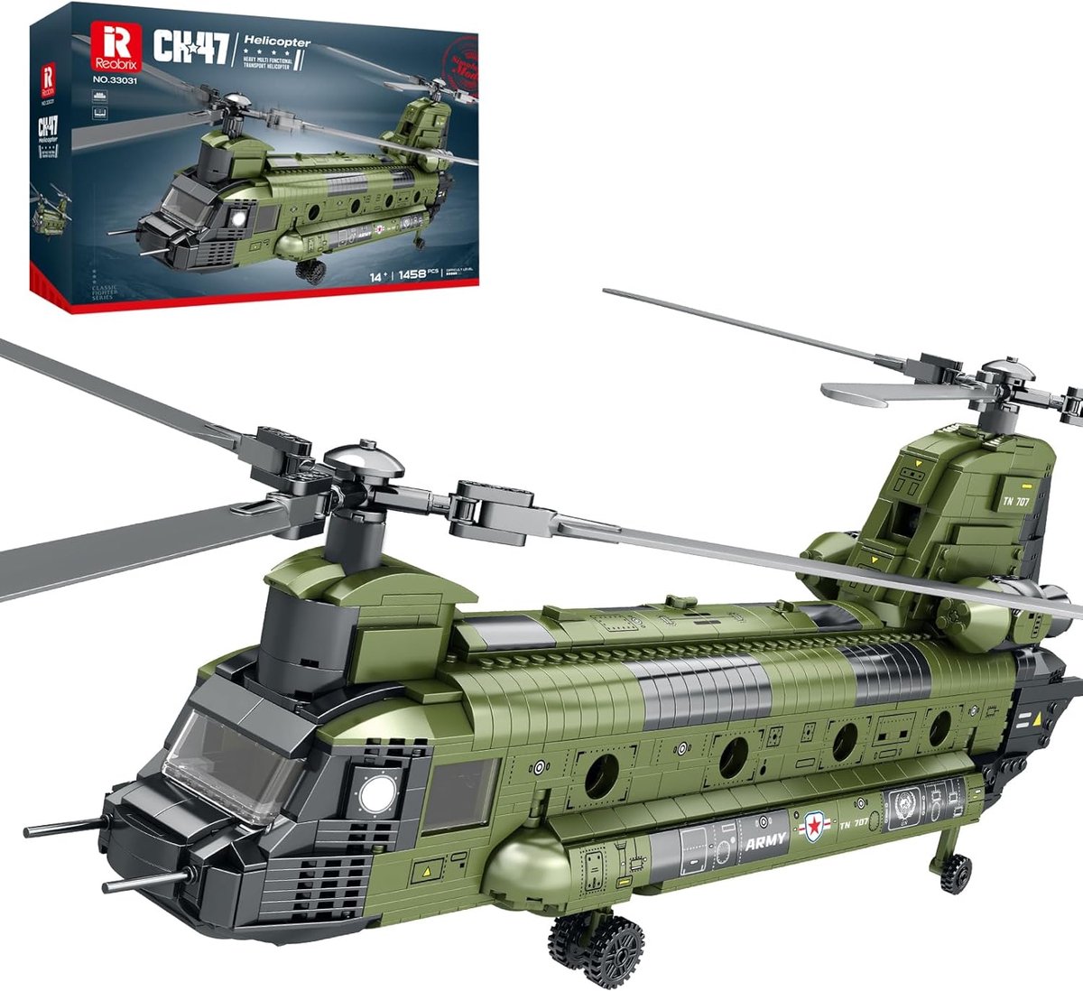Reobrix - 33031 CH-47 Leger transport helikopter bouwset | WW2 Army vliegtuig constructie modelbouw | Educatief militair speelgoed bouwpakketten voor kinderen & volwassenen | Blok formaat 4.9mm | 1451 bouwstenen